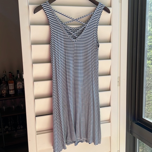 Blue and White light striped tank top sundress with criss cross back - Picture 3 of 5